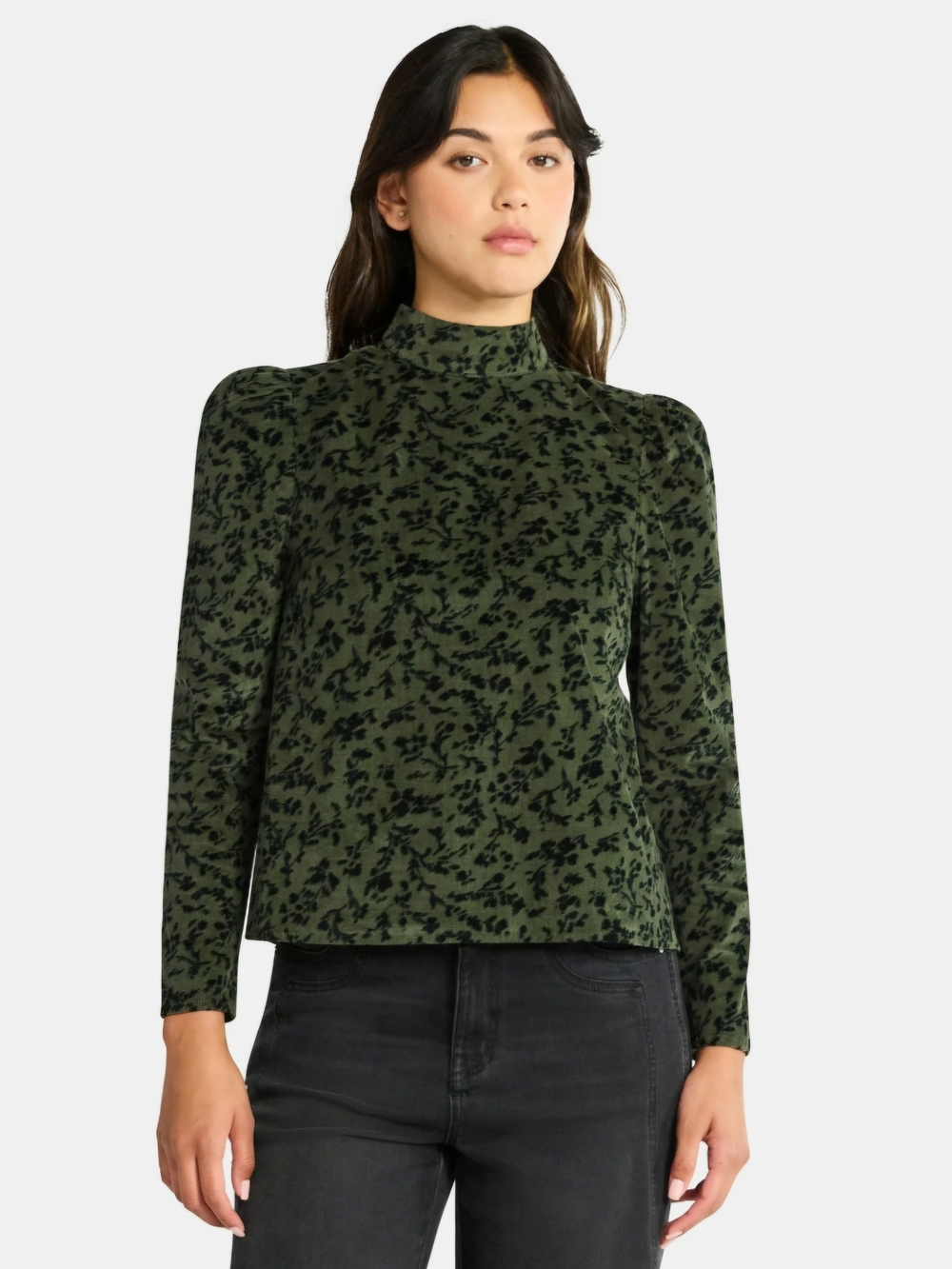 NWT Time and Tru Corduroy Tie Back Blouse Long Sleeve Olive Print Women